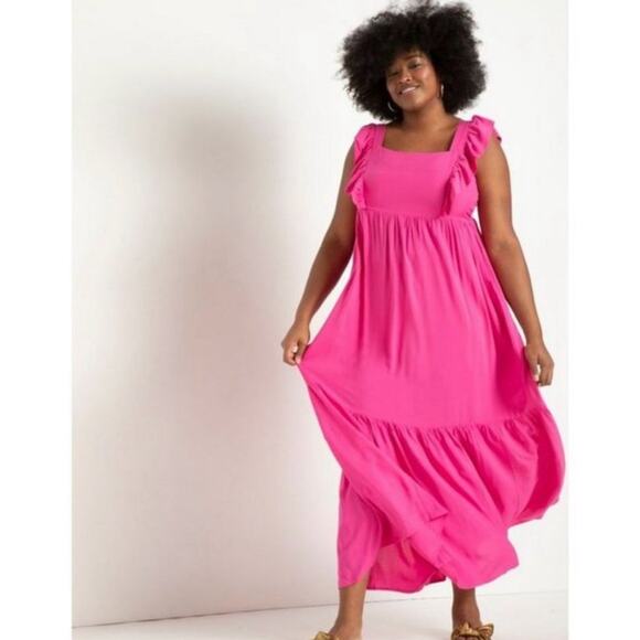 Eloquii | Hot Pink Ruffle Tiered Tie Open Back Sleeveless Plus Size Maxi Dress - Picture 2 of 10